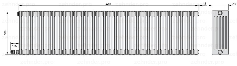Схема (чертеж) Радиатор Zehnder Charleston 6090/49 №V004 Белый глянцевый RAL 9016